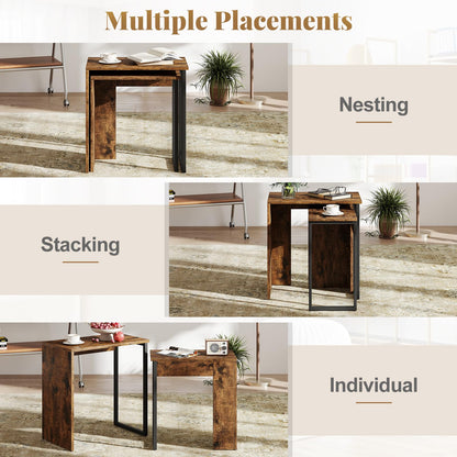 Giantex Nesting Coffee Table Set of 2, Rectangular Stackable Side Tables with Sturdy Metal Frames, Modern Nesting End Tables for Living Room, Bedroom, Rustic Brown