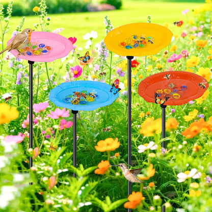 MeyRolizn Metal Bee Watering Station for Outside, 4Pack Butterfly Water Feeder with Glass Marbles, Butterfly Bath Garden Stake for Outdoor Garden Yard Patio Decor (Colourful-A)