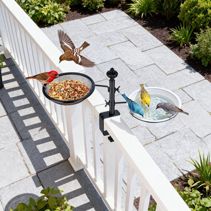 Deck Bird Feeders with Metal Tray and Water Bowl, BOLITE Balcony Bird Feeders Detachable Adjustable Heavy Duty Clamp Bracket, Attracting Birds, Black, Gifts for Women Men