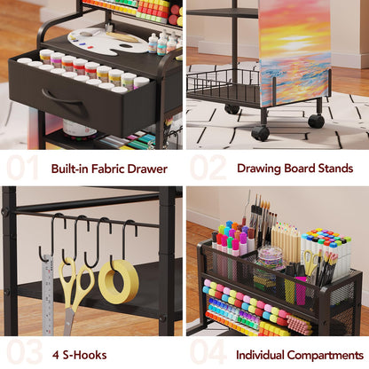 Homsorout Art cart, 3 Tier Rolling Cart - Utility Cart with Storage Drawer and Wheels, Versatile Art & Craft Organizer for Home, Office, or Studio Ideal for Storing Brushes, Paints (Black)