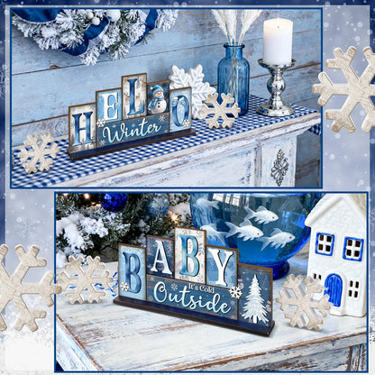 Thyle 3 Pcs Winter Wooden Table Decor Reversible Hello Winter Baby It's Cold Outside Centerpiece Blue and White Tray Decor Double Side Snowflake Blocks Sign for Farmhouse Tabletop Home Office Shelf