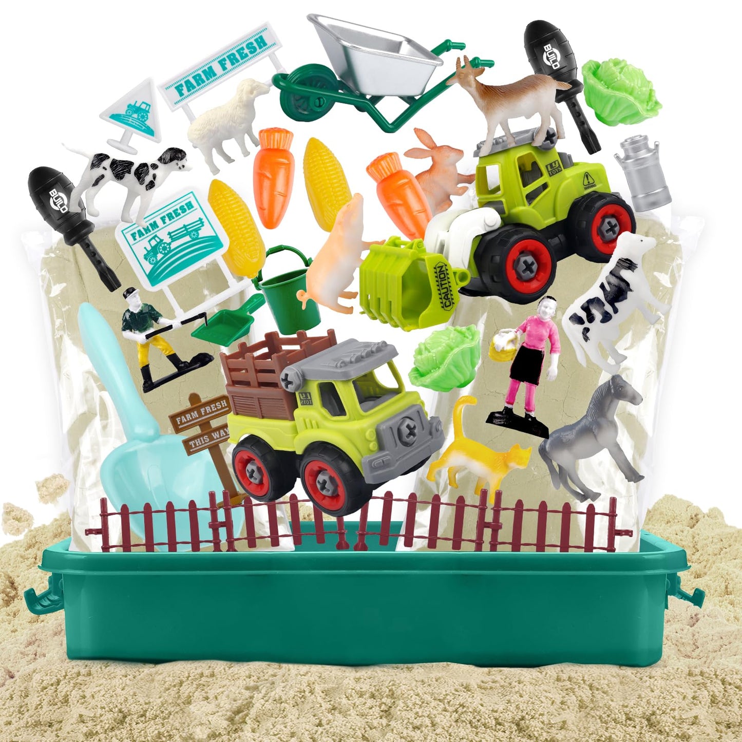 Aliex Farm Sensory Bin, Farm Sensory Kits Toy with 2.2lbs Play Sand, 31pcs Animals Trucks Creativity Magic Sand Box with Lid, Christmas Birthday Gift for Boys Kids Toddlers Ages 3 4 5 6 7 8