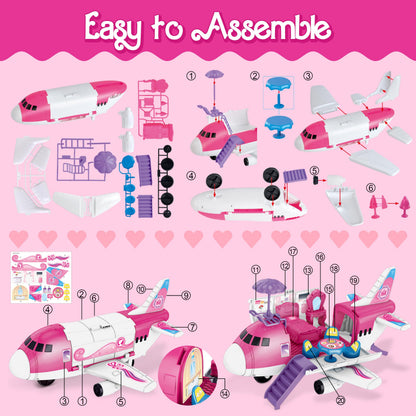 XDUOYJOY Pink Airplane Toy for Kids, Plane Toys with Dolls, Furniture and Accessories for Boys Girls Birthday, Toy Aircraft Push and Go Action, Easy to Store