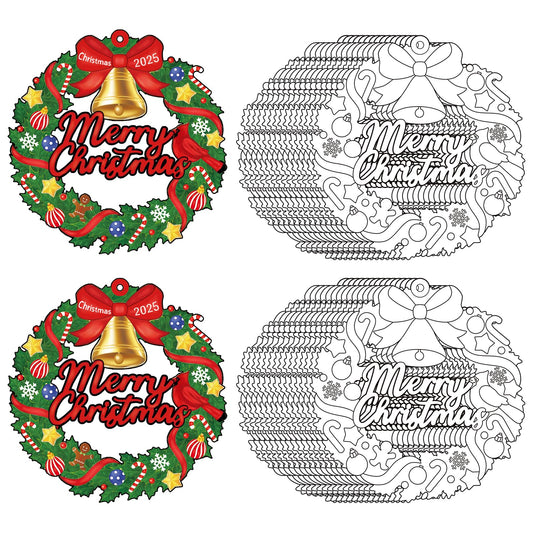 Sereliy 24 Pcs Christmas Coloring Wreath Crafts, Color Your Own Christmas Crafts, DIY Paper Xmas Wreath for Classroom Activities, Games. (Bell)