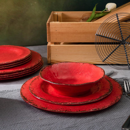 LEHAHA Farmhouse Plates and bowls set, 12 Piece Christmas Melamine Dinnerware Sets for 4,Lightweight and Unbreakable Dishes Set,Perfect for Indoor and Outdoor and Picnic use. Red