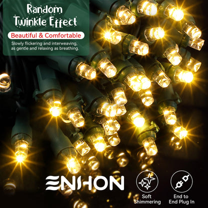 Enhon Slow Twinkling Christmas Light, 100 Lights 35 Ft Twinkle Pulsing Christmas, 5mm LED Wide Angle Soft Random Shimmering Set with Green Wire(Warm White,1 Pack)