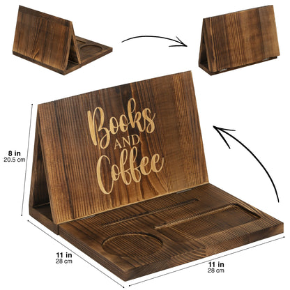 Wooden Book Holder for Page Rest,Book Valet Book Stand with Cup,Glass&Pen Holder,Idea Gift for Book Lover and Table Décor.