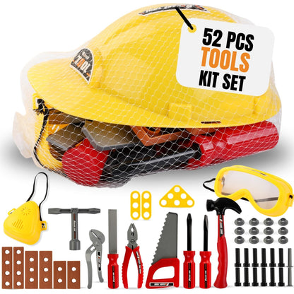 Kids Handyman Tools Toy Set, 52 PCS Mechanic Pretend Play Construction Playset with Hard Hat, Nuts, Bolts - Realistic Plastic Toddler Children Accessories for Workbench