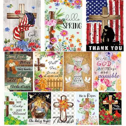 Christian Seasonal Garden Flags Set of 12 Double Sided 12 x 18 Inch Cross Yard Flags, Small Flags for Outside, Fall Winter Easter Christmas Outdoor Flags, Holiday Garden Flags for All Seasons ﻿