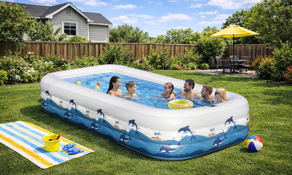 Extra Large Inflatable Pool with Lights - 145" x 74" x 22" Swimming Pool for Adults with Solar Powered, Blow Up Pool for Backyard (Air Pump Not Included)