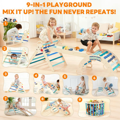 DUMOS Pikler Triangle Set, Toddler Climbing Toys and Play Structure Indoor, 9-in-1 Wooden Montessori Climbing Set with Arch, Ramp and Ladder, Foldable Baby Jungle Gym