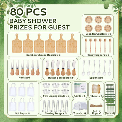 Baby Shower Prizes for Game Winners 6 Sets Cheese Board Honey Dipper Charcuterie Utensils Set Towel Thank You Card and Gift Bags for Baby Shower Wedding Bridal Shower Favors (6 Set-Bamboo, Silver)