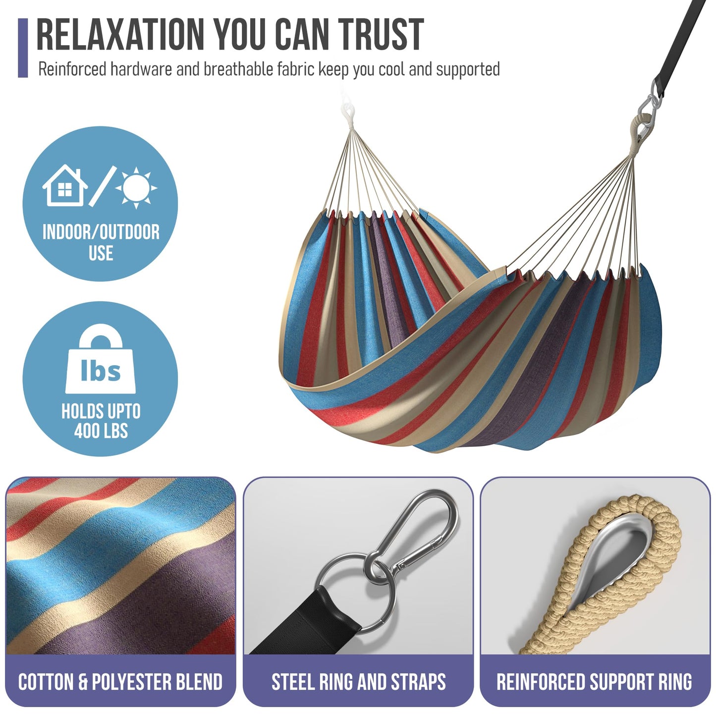 Sorbus® Brazilian Double Hammock - Extra-Long Two Person Portable Hammock Bed for Indoor or Outdoor Spaces - Hanging Rope, Carrying Pouch Included (Blue/Sand/Purple/Red Stripes)