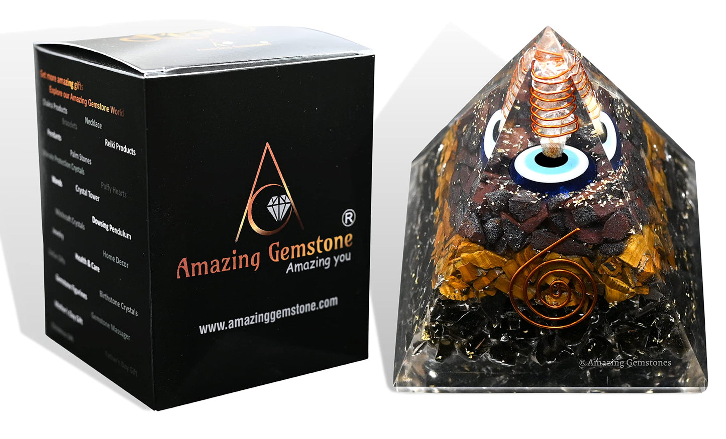 Amazing Gemstone Organite Orgone Pyramid Extra Large 95MM - Orgone Energy Pyramid with Evil Eye, Hematite, Tiger Eye,Black Obsidian Crystals&Healing Stone - Orgonite Pyramids Crystals&Positive Energy