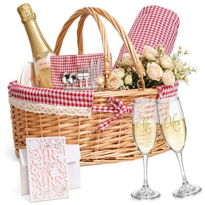 Wedding Gift Picnic Basket for 2 with Waterproof Blanket, Plates, Cutlery Mr and Mrs Glasses, Oval Wicker Hamper with Red Gingham Liner for Engagement, Bridal Shower and Anniversary Dates