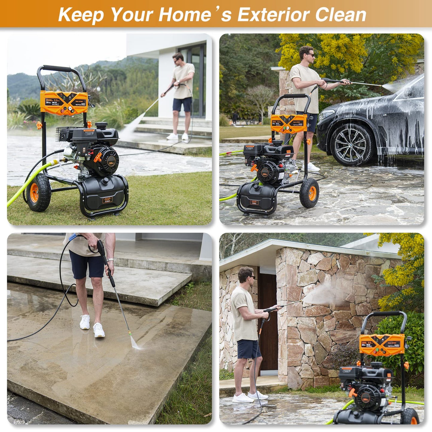 MUTAOMAY 3500PSI Gas Pressure Washer, 2.3GPM Gas Powered High Pressure Washer with 209CC Engine, 4 Adjustable Nozzles, 25 ft High Pressure Hose for Cleaning Walls, Terraces, Vehicles, Gardens (Orange)