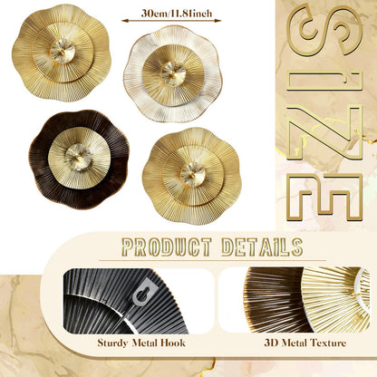 Shimeyao 4 Pcs 12 Inch Gold Wall Decor Metal Flower Plate Art Hanging Wall Decorations Modern Metai Decorations for Home Living Room Office Bedroom Bathroom Floral Sculpture