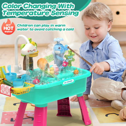 4-in-1 Electric Water Table Toy for Toddlers 1-3,Kitchen Play Sink Toys with Running Water for Kid with Water Pump,Animals, Food, Tableware,Color Changing Pretend Role Birthday Toy for Boy and Girl