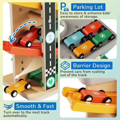 AmazingJoy Wooden Car Ramp Race Track 2-in-1 Pound Ball Toddler Toy Ball Drop Baby Toy Set Gift for 1 2 3 Year Old Boys Girls Montessori Developmental Learning Activity Interactive Birthday Present