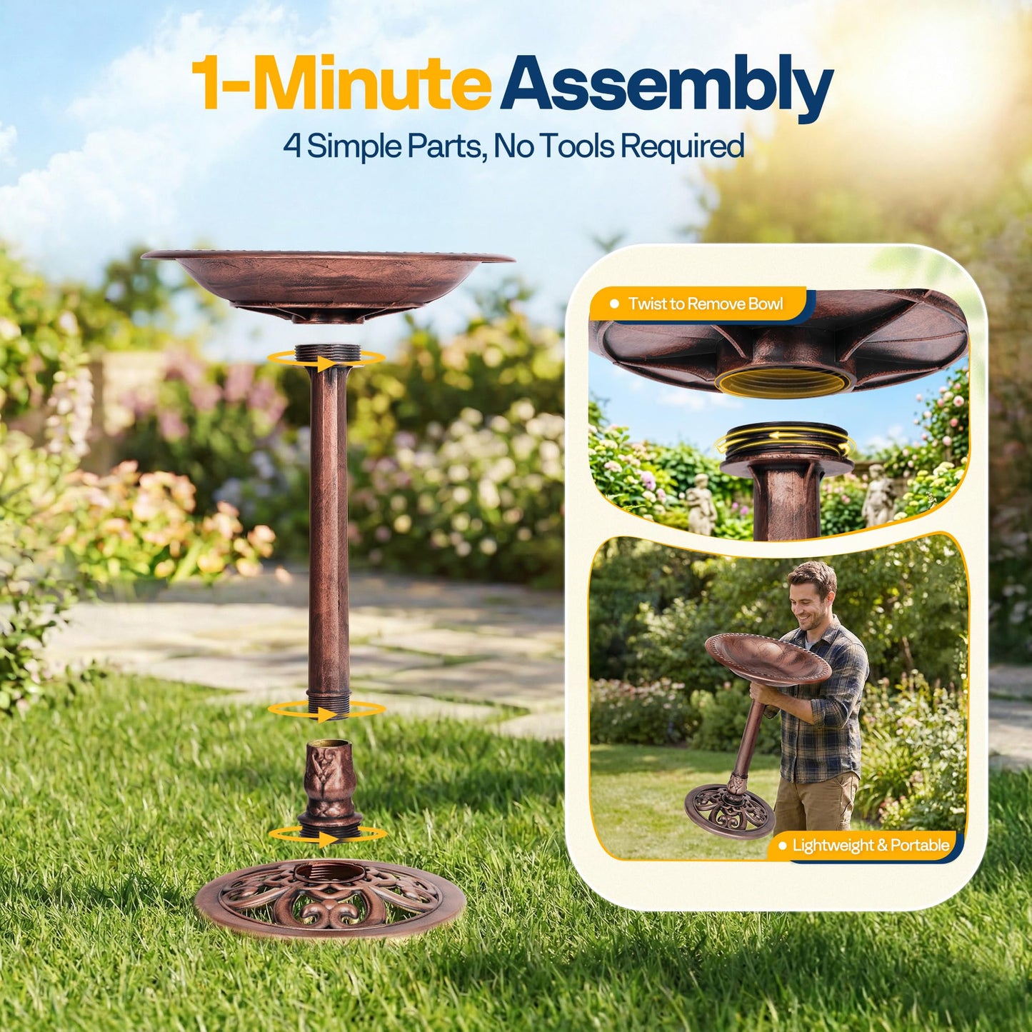 VIVOHOME Bird Bath for Outside, Polyresin Pedestal Bird Baths for Outdoor, Garden, 28 Inch Height Weather-Resistant Birdbaths with 20" Bowl, Antique Bronze
