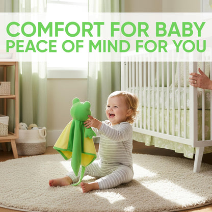 Love By Emi 4 in 1 Baby Lullaby Sleep Soother Toy - Stuffed Animal Sound Machine & Pacifier Holder | Heartbeat White Noise & Music | Plush Yellow Frog Sleep Aid Security Blanket (0-3 Years)