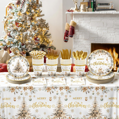 MEHOFOND Christmas Party Supplies193PCS, Gold Christmas Tree Disposable Dinnerware Paper Plates, Napkins, Cups, Cutlery,Tablecloth for Xmas Holiday Party Decor, Serve 24 Guestst