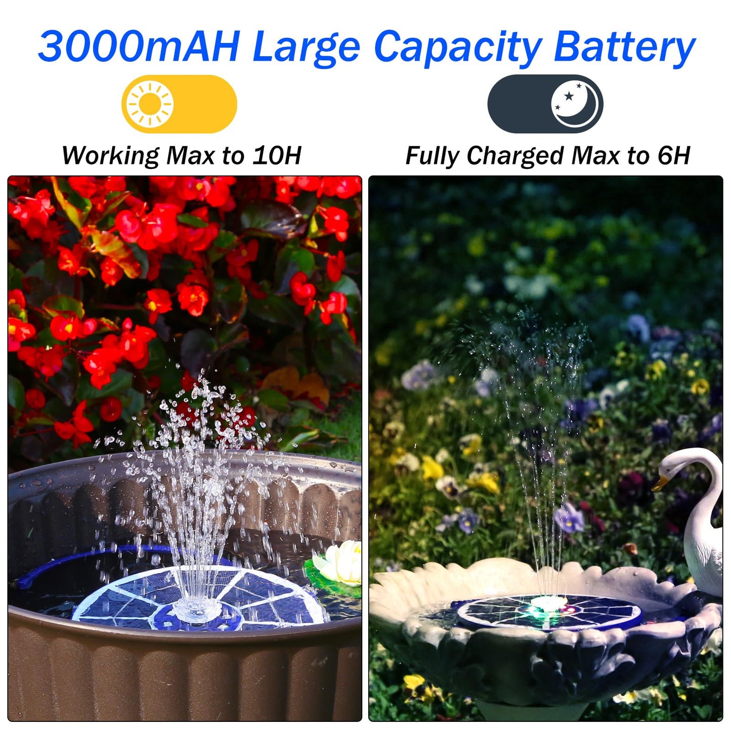 AISITIN 3.5W Solar Fountain Pump with LED Colorful Lights & 3000mAh Battery, Solar Bird Bath Fountain with 10 Nozzles, Solar Water Pump for Garden, Pond and Outdoor (Purple)
