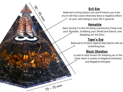 Amazing Gemstone Organite Orgone Pyramid Extra Large 95MM - Orgone Energy Pyramid with Evil Eye, Hematite, Tiger Eye,Black Obsidian Crystals&Healing Stone - Orgonite Pyramids Crystals&Positive Energy