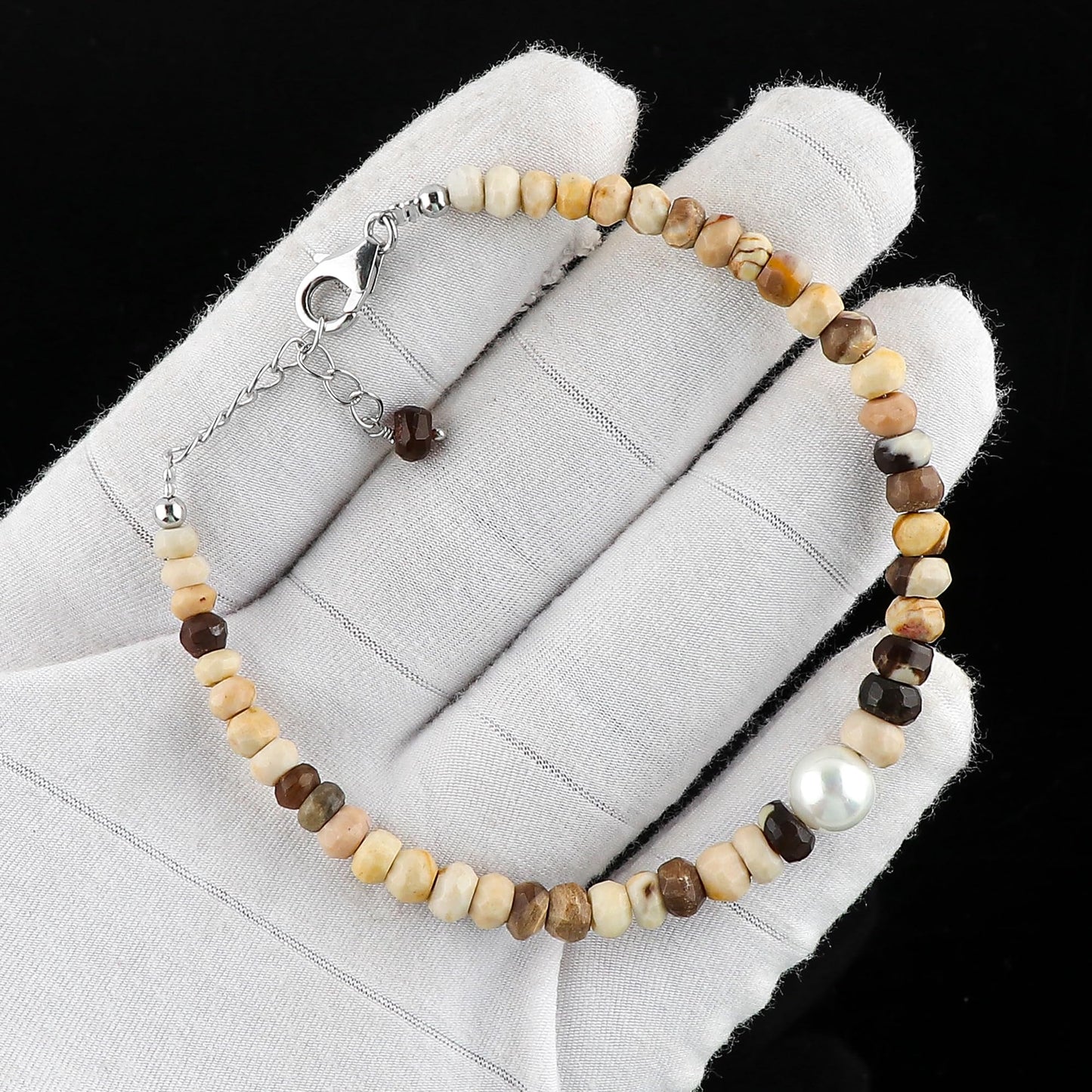 CRYSTALIS Natural Petrified Wood Jasper Beads Adjustable Bracelet with Elegant Pearl, High Grade Gemstones, Chakra Healing Stones, Gift Jewelry, 925 Sterling Silver Womens Bracelet 8 inch