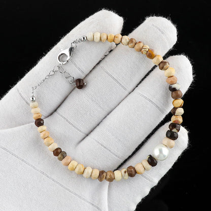 CRYSTALIS Natural Petrified Wood Jasper Beads Adjustable Bracelet with Elegant Pearl, High Grade Gemstones, Chakra Healing Stones, Gift Jewelry, 925 Sterling Silver Womens Bracelet 8 inch