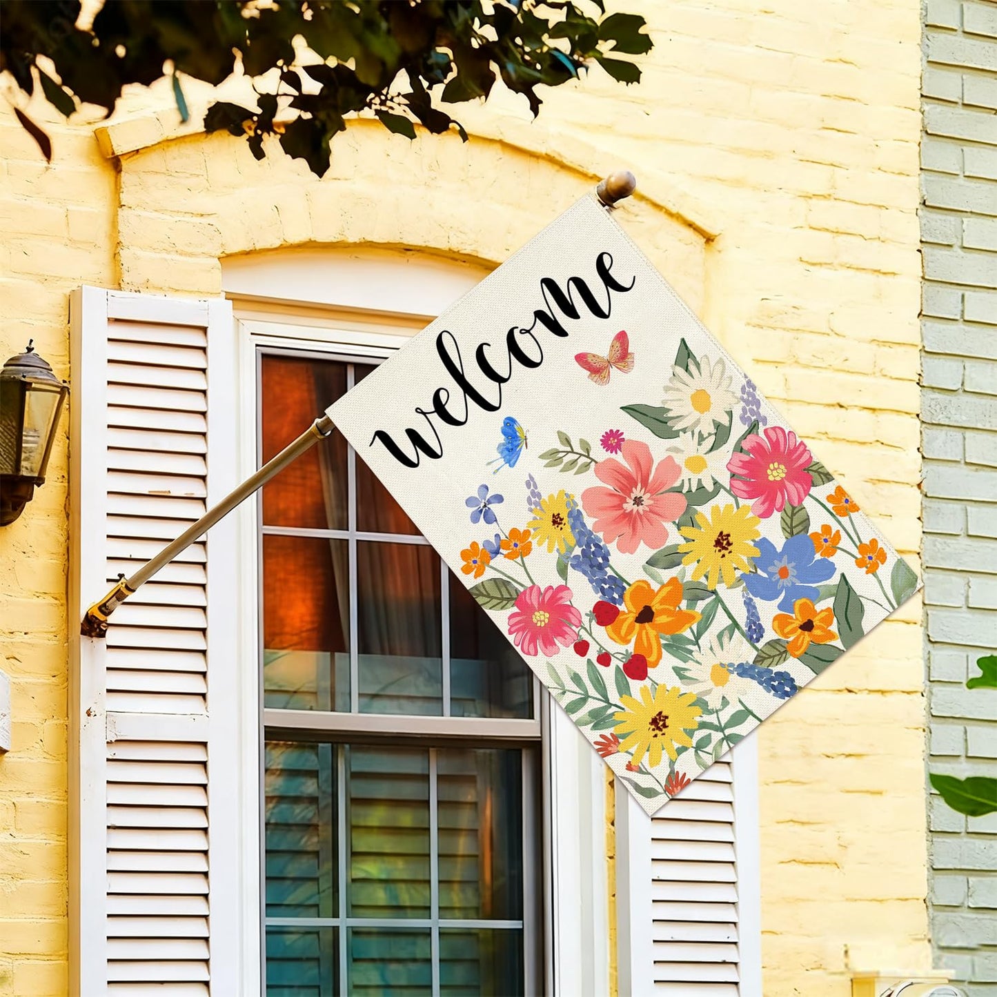 Baccessor Spring Summer Welcome House Flag Double Sided 28x40 Inch Burlap,Floral Butterflies Large Garden Flag Porch Patio Front Entry Yard Seasonal Farmhouse Outside Outdoor Decor