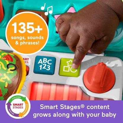 Fisher-Price Baby Push Toy 4-in-1 Snack Cart Walker Learning Activity, 14 Pieces for Pretend Play Infants Ages 6+ Months, Multilanguage Version