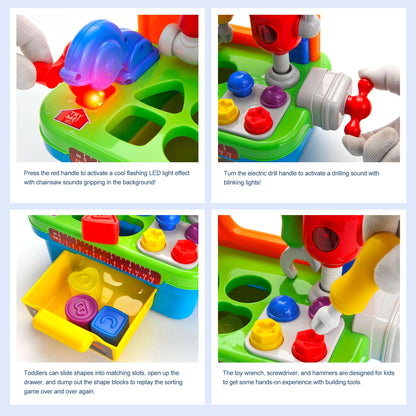 Toddler Tool Bench Toys for 1 Year Old Boy, Kids Tool Bench Toys for Toddlers 1-3, Multifunctional Early Learning Tool Toy Baby Workbench Toy with Light & Sound, Baby Tool Set with Shape Sorter