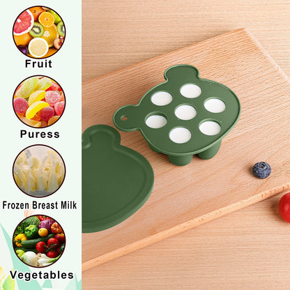 Gedebey 3-in-1 Baby Food & Fruit Feeder Set – Breastmilk Popsicle Mold with Freezer Tray, Teething Relief Toy, BPA Free Infant Silicone Feeding Combo, 3 Bonus Sizes (S/M/L) Sacs (Olive Green)