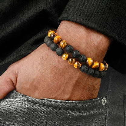 SFPJTL To My Son Gifts from Mom Dad - Natural Tiger Eye & Lava Rock Bracelets Set (2-Pack) for Men - Anxiety Stress Relief & Inspirational Graduation 18th 21st Birthday Gift for Him - Adjustable Beaded Jewelry