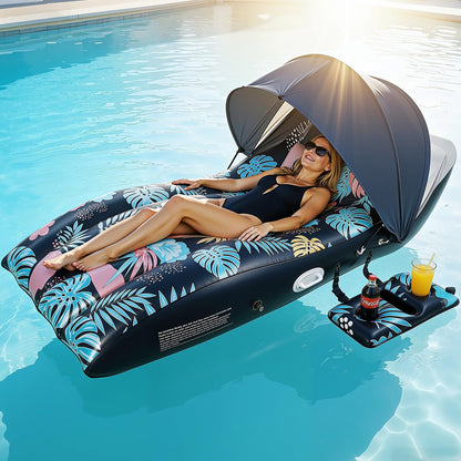 Deyhoc Pool Floats Lounger with UPF50+ Canopy Adjustable, Inflatable Large Floating Chair Ergonomic Design, with Cup Holders, Perfect for Swimming Pool, Beach, Lake, Party - Dark Blue