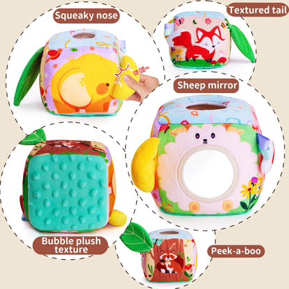 Yeeeasy Baby Tissue Box Toy, Montessori Sensory Toy for Babies 6–12 Months, Infant Early Learning Toy with Mirror, Textured Tails & Squeaky Sounds, Baby Gift for Boys & Girls