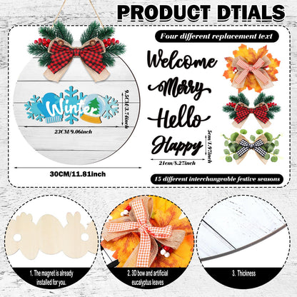 Burbell 21 Pcs Interchangeable Welcome Sign for All Holiday 4th of July Front Door Decor with 4 Bows, 4 Characters and 12 Changeable Icons Farmhouse Door Wall Wreath Home Decor Seasonal Wooden Sign