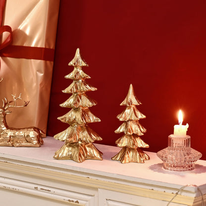 FESTGLOX Gold Christmas Tree Figurines, Small Resin Christmas Trees Home Decor, Tabletop Tree Set of 2, Decorative Xmas Trees for Christmas Decorations Indoor Mantle Centerpieces