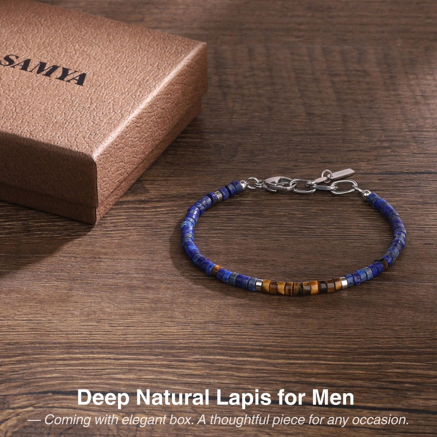 SAMYA Lapis Lazuli Bracelet for Men – Natural 4×2mm Heshi Beaded Bracelet, Stainless Steel Lobster Clasp, Adjustable Fit for 6.5”–8.0” Wrist, Blue Stone Bracelet for Men