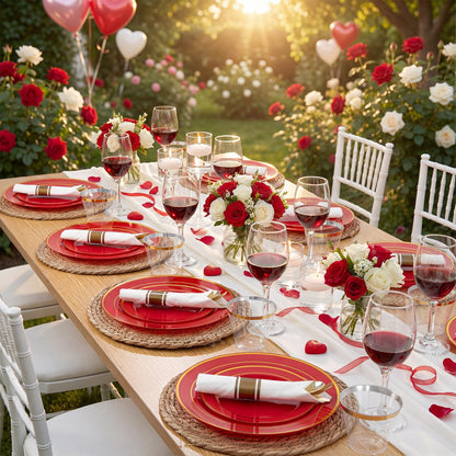 WDF Partyware 350Pieces Red Plastic Plates with Gold Rim Include 50Dinner Plate 10inch 50Dessert Plate 7inch 50 gold Cups 9 OZ, 50 Pre Rolled Napkins for Party/Baby Shower/Wedding/Spring/Mother's Day