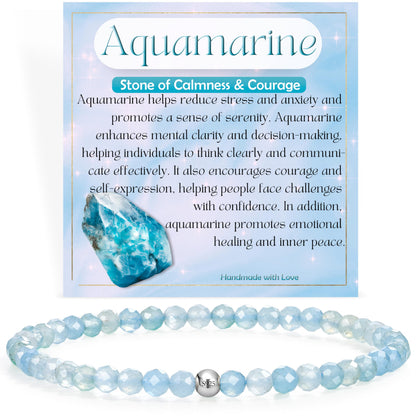 Farfume Aquamarine - Calmness & Courage - Beaded Bracelets for Women,Handmade Natural Stone 4mm Beads 925 Sterling Silver Stretch Bracelets, Chakra Crystal Gemstone Jewelry Gifts for Mom