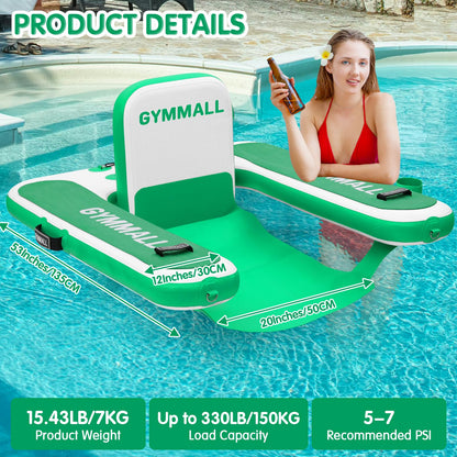 GYMMALL Inflatable Pool Lounger Float, Tanning Pool Chair Float for Adults, 53" L*43" W Sunchill Floating Chair Dock for Outdoor Lake, River and Beach with Storage Bag and Cup Holder - Mint Green
