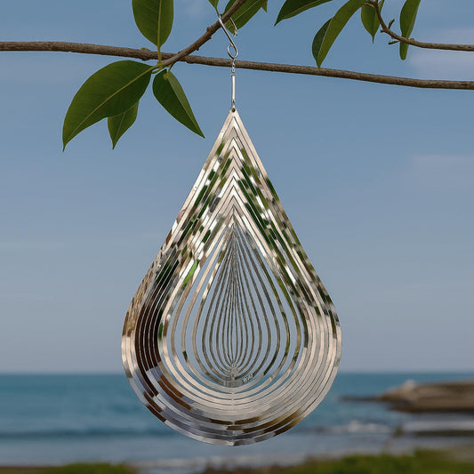 3D Stainless Steel Wind Spinner – 11.8" Hanging Garden Wind Spinner for Outdoor & Indoor Decor | Kinetic Metal Yard Art for Patio, Balcony, Porch or Living Room - Easy Installation (Droplet)