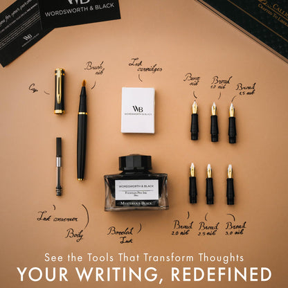 Wordsworth & Black Calligraphy Pen Gift Set, Includes Bottle, 6 Cartridges, Refill Converter, 6 Replacement Nibs, Premium Package, Journaling, Smooth Writing Pens [Black Gold]