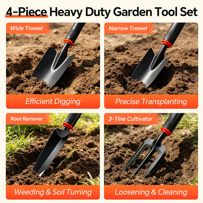 Vinid 4-Piece Heavy-Duty Garden Tool Set, Wide & Narrow Trowel, Root Remover, 3-Tine Cultivator, Hand Rake with Soft Rubber Non-Slip Handle, Idea Gift for Women, Mother