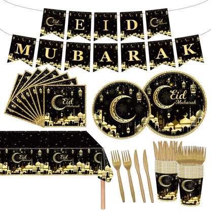 98PCS Eid Mubarak Party Supplies Black and Gold Ramadan Tableware Set Ramadan Mubarak Paper Plates and Napkins Eid Mubarak Party Decorations Eid Al-fitr Party Disposable Dinnerware Set for 16 Guests