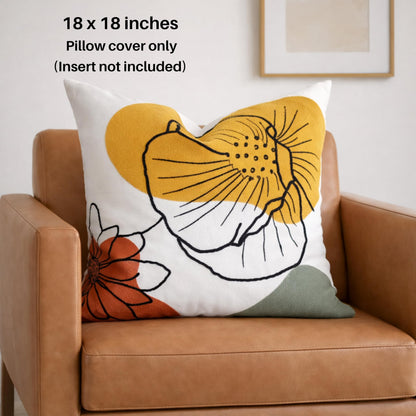 AYAY Decorative Velvet Throw Pillow Cover 18x18 Inch – Beige with Yellow, Rust & Olive Embroidered Floral Design, Earthy Boho Accent Cushion, Hidden Zipper, Cover Only