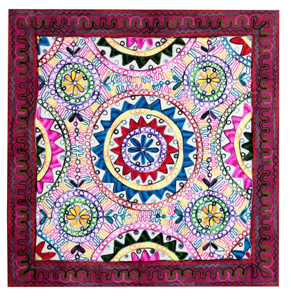 Purpledip Cotton Tapestry 'Valley Of Flowers': Vintage Embroidery Table Cover Or Wall Hanging (11361)