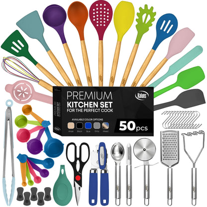 Kaluns 50 PCS Silicone Kitchen Utensils Set Complete Kitchen Set - 800°F Heat Resistant Non-Stick Premium Cooking Utensils W Wooden Handles - Can Opener, Masher, Turner, Silicone Spatula Set